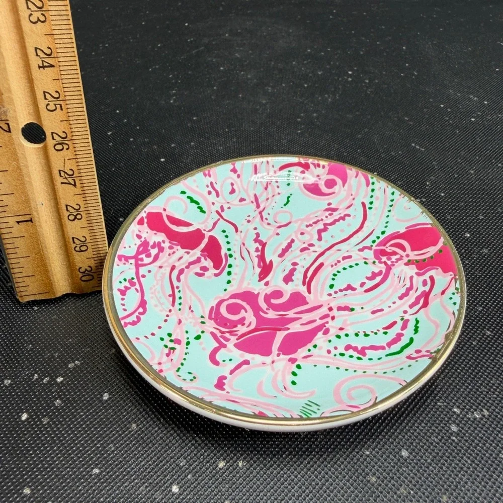 Lilly Pulitzer Ceramic Trinket Dish Set 4 Pink Blue Floral Gold Rim 4 Inch